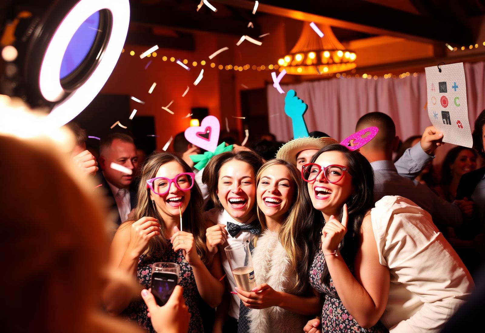 Chattanooga wedding guests laughing in a photo booth with confetti